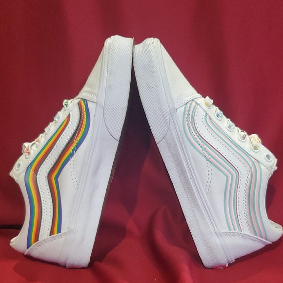 Vans White Pride Sneakers with Rainbow Stripes And Pastel Rainbow Stripes - Picture 1 of 14